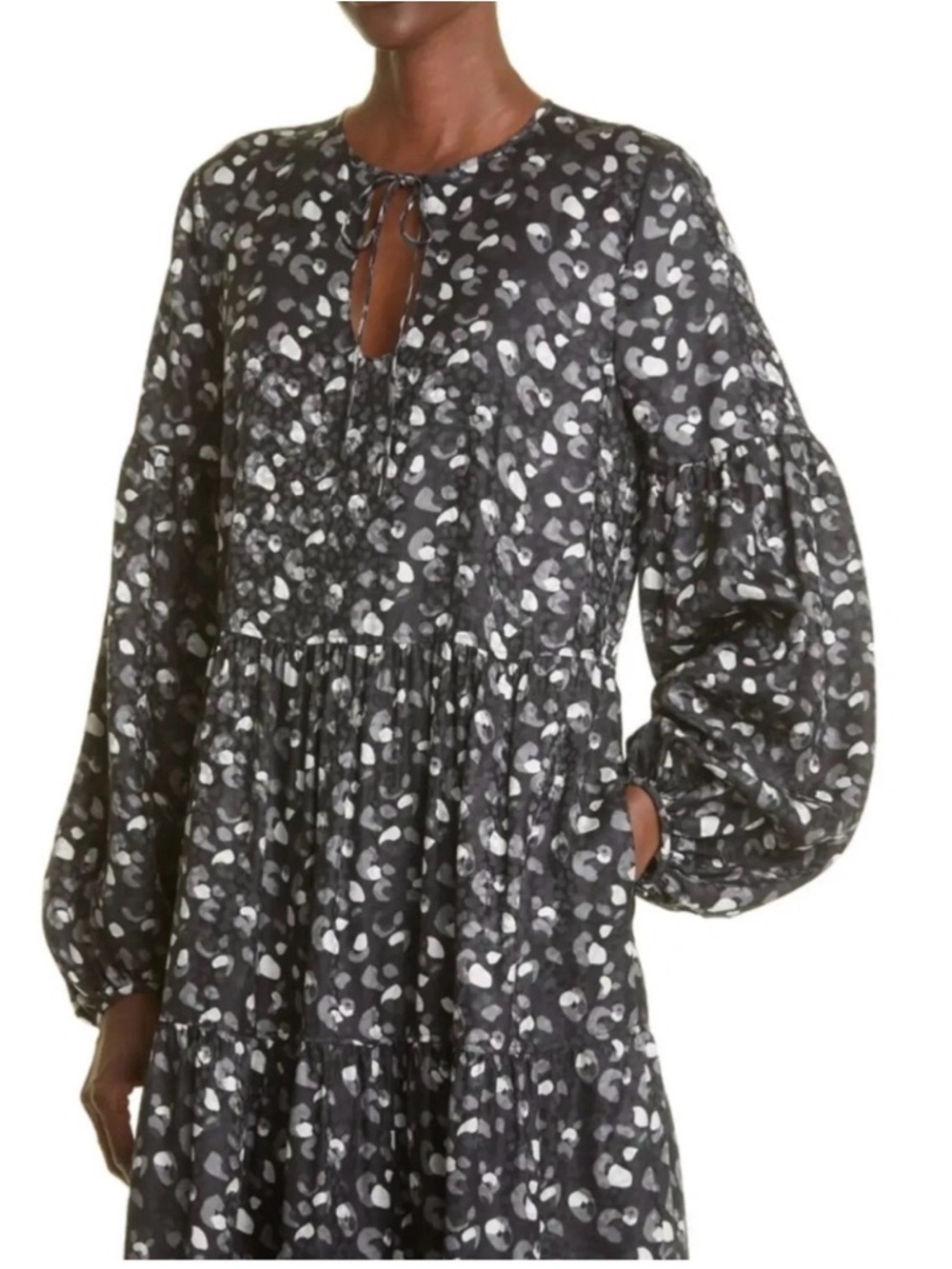 Lafayette 148 NY LIPE LEOPARD PRINT TIE NECK SILK MIDI DRESS SIZE:S